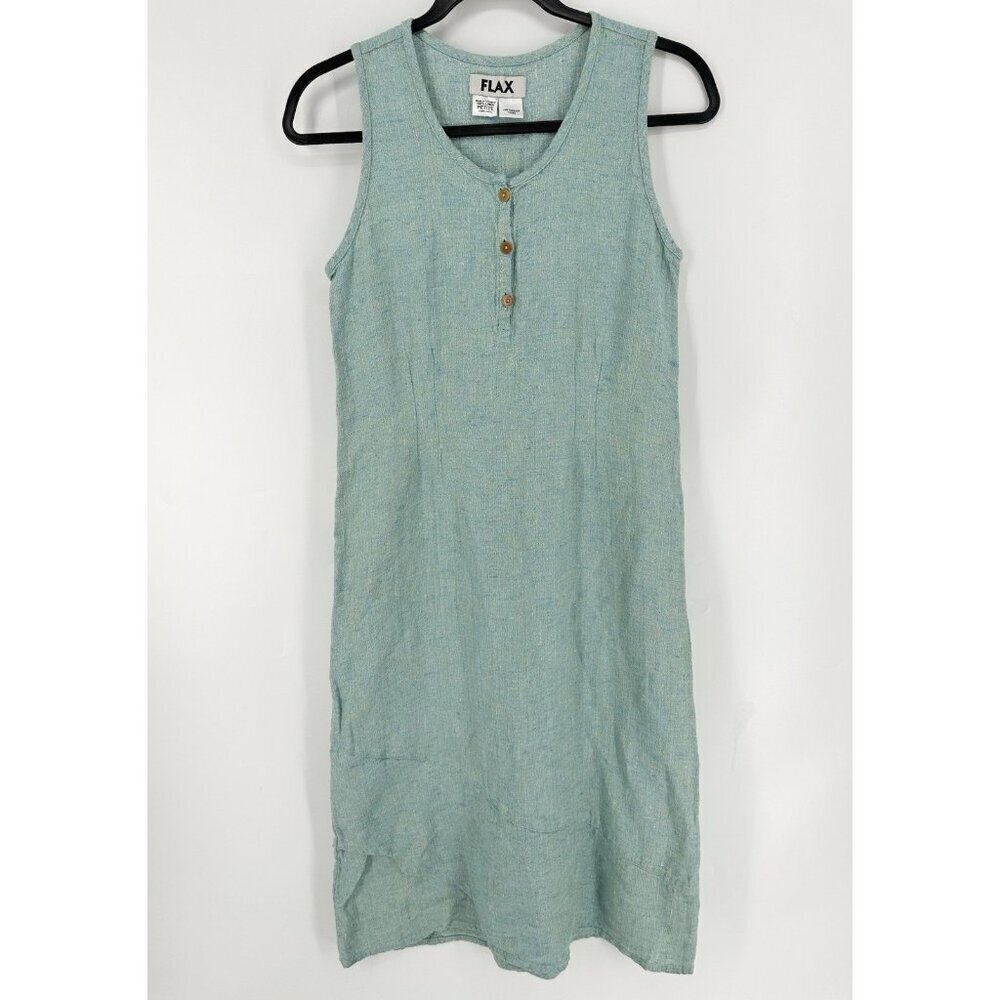 Flax 100% Linen Blue Sleeveless Lagenlook Midi Dress P 4-6 EUC